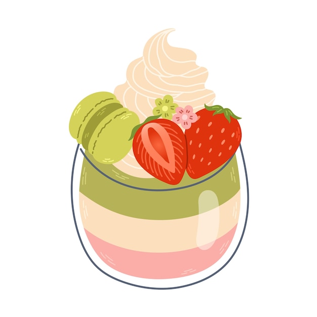 A glass of strawberry and cream dessert with a strawberry on top.