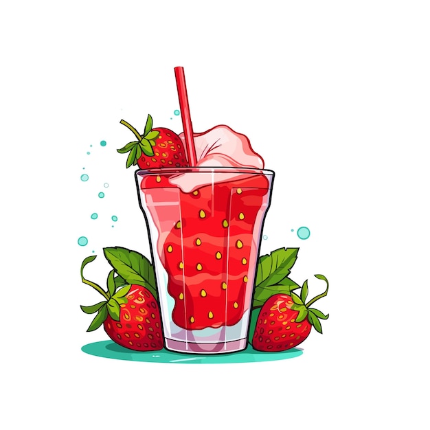 Vector glass of strawberry juice with strawberry