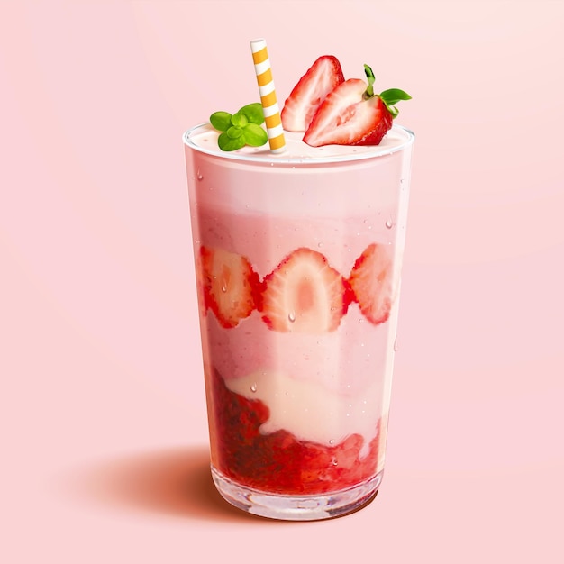 Glass of strawberry smoothie in 3d