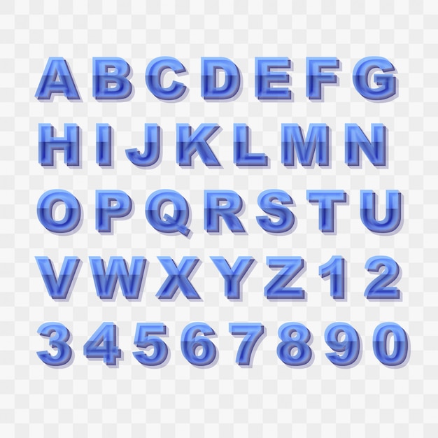 ガラススタイルの大文字の歪んだアルファベット文字と数字のコレクション