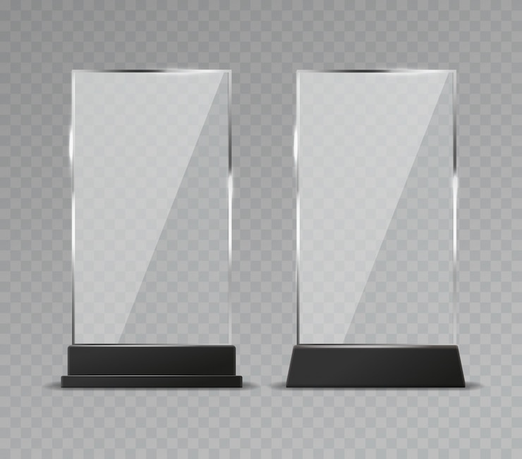Vector glass table display. office transparent glass table signs modern plastic clear stand reflection shiny plates 