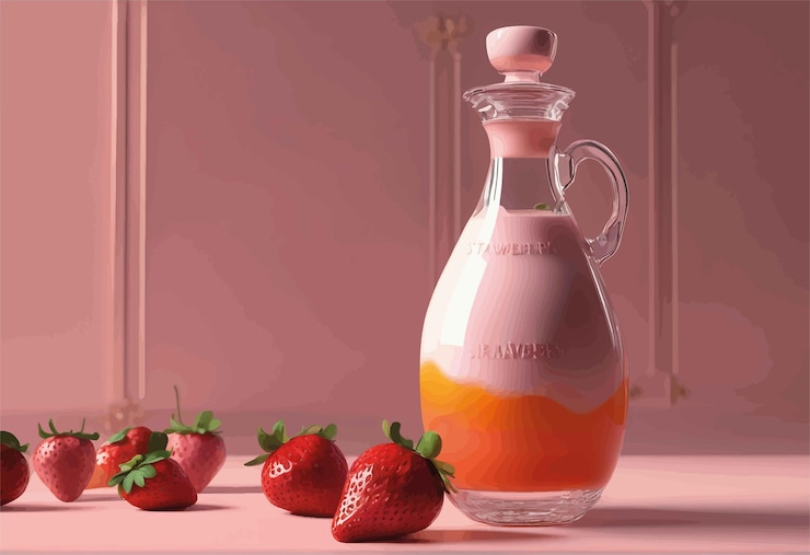 Vector glass of tasty strawberry cocktail on tablefresh fruit juice in a glass bottle on a pink wooden back