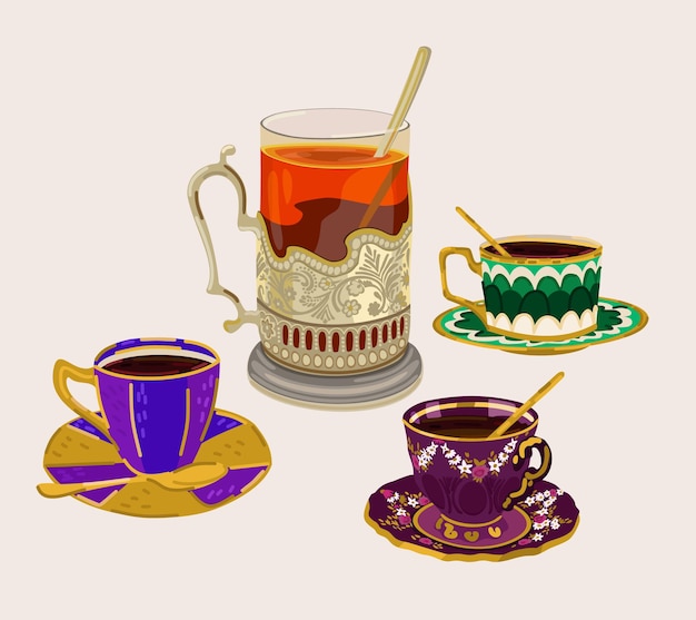 Glass of tea in glass holder and tea cups Vector isolated illustration
