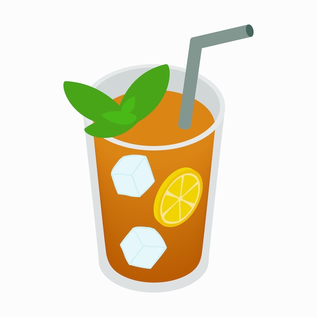 Vector glass of tea with ice and lemon icon in isometric 3d style on a white background