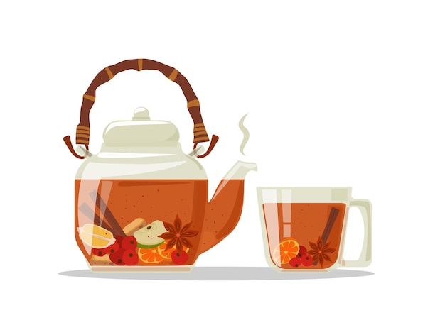 Vector a glass teapot and a mug with a spicy winter drink with anise cinnamon berries orange apple