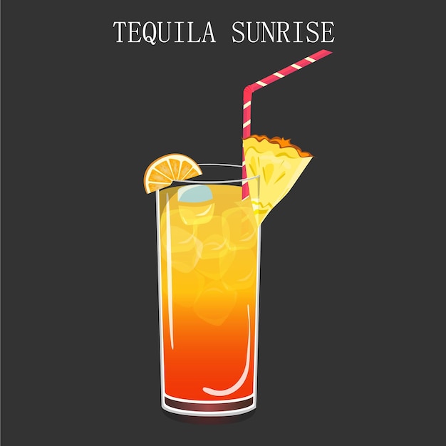 A glass of tequila sunrise with a straw and a straw.