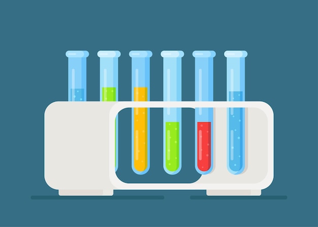 Vector glass test tubes with different substances. vector illustration of test tubes in a rack. conducting an investigation.