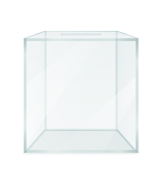 白い背景で隔離の選挙投票のためのガラスの透明な投票箱