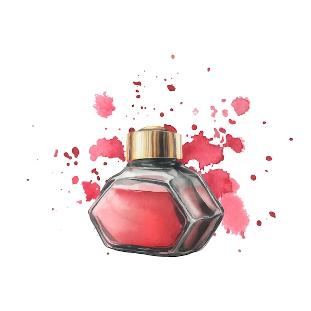 Glass transparent inkwell red ink jar with gold lid hand drawn watercolor