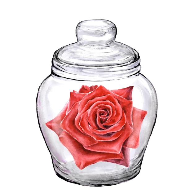 Vector glass transparent jar with a red rose flower watercolor illustration