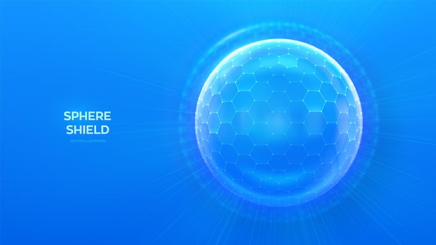 glass transparent protection sphere shield sphere shield with hexagon pattern on blue background