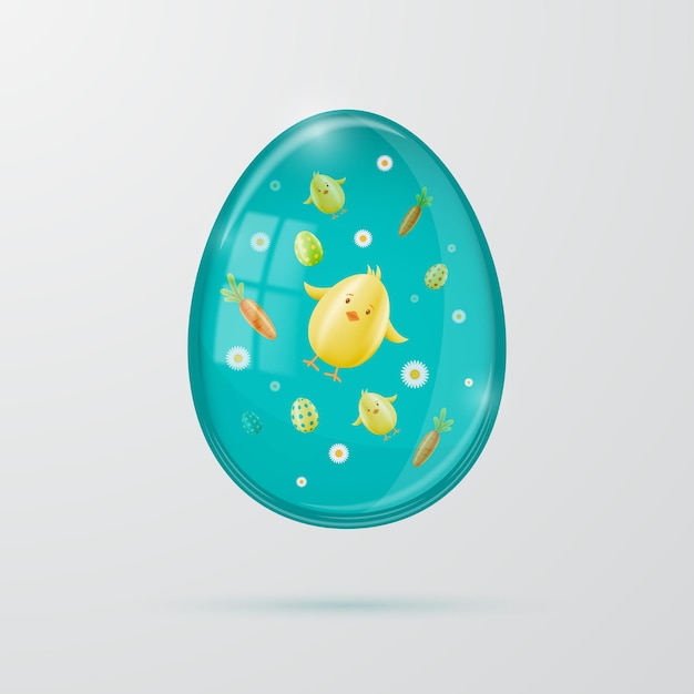 Vector glass transparent realistic easter egg with chickens and flowers.