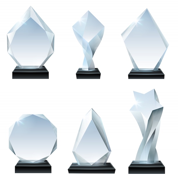 Vector glass trophy award. acrylic awards, crystal shape trophies and winner award glassy board transparent realistic  set