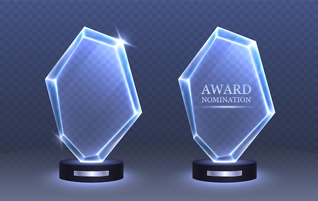 Vector glass trophy award nomination winner realistic crystal award with silver plate