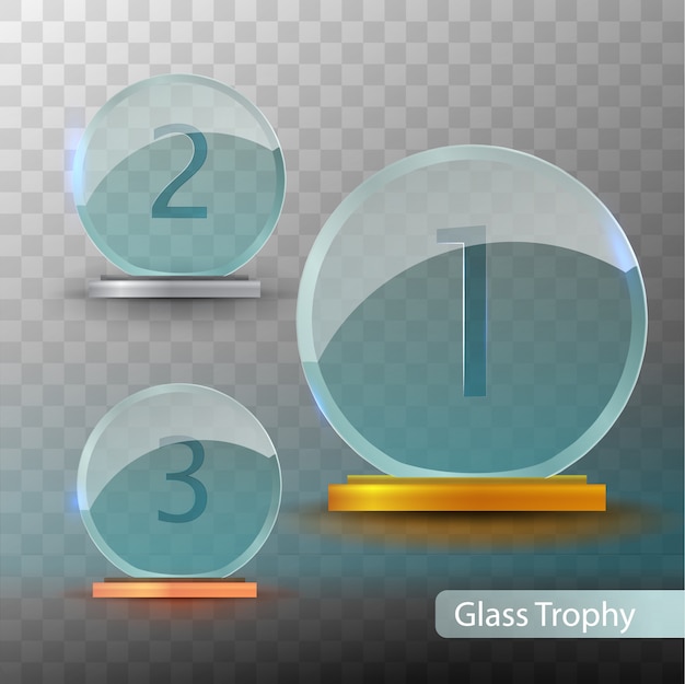 Glass trophy award. set kopjes - eerste, tweede en derde plaats. prijzen sjabloon. gouden, zilveren of bronzen award sjabloon.