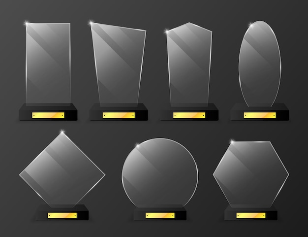 벡터 유리 트로피 상 현실적인 유리 우승자 트로피 럭셔리 유리 동상 세트 1위