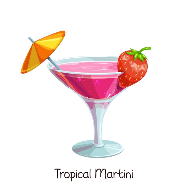  glass of tropical martini with strawberries and umbrella  on white. Color illustration summer alcohol drink.