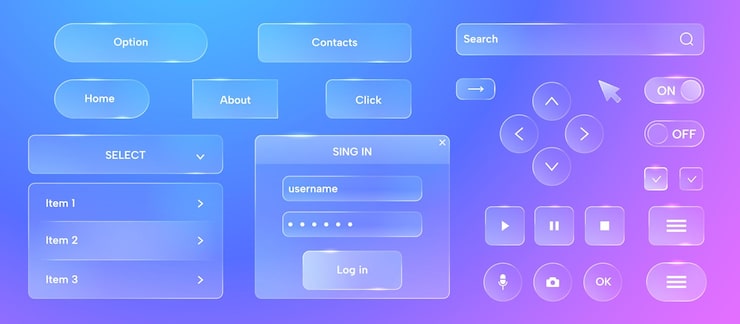 Vector glass ui elements round website buttons with icons glassmorphism button user interface controls and web site layout elements vector modern glass web navigation buttons set
