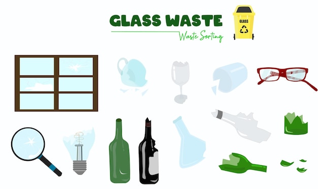 Glass waste vector set isolated on white background Collection of recycled glass products