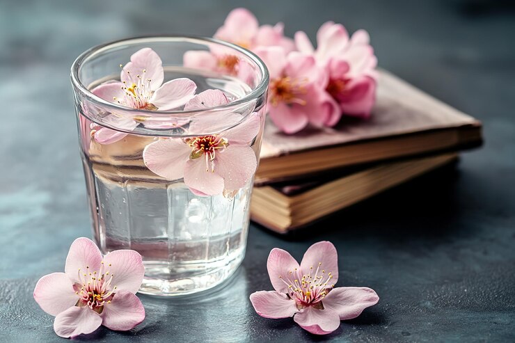 Vector a glass of water with pink almond blossoms and two books high quality ar 32 v 61 job id a3cde5b23945