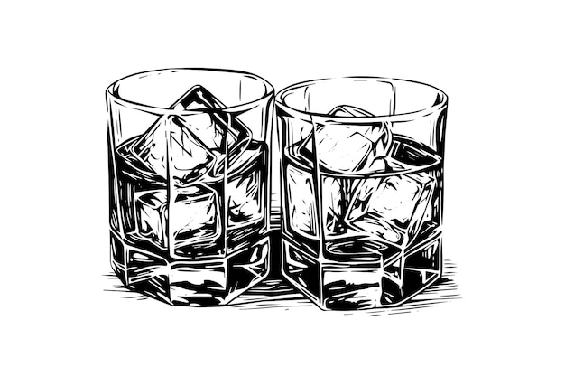 Glass of whiskey or bourbon hand drawn in sketch Engraving style vector illustration