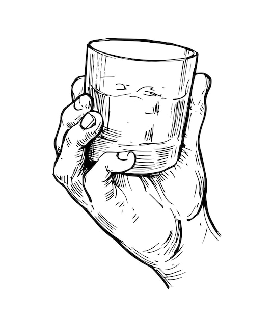 手にウイスキーのグラス。ベクトルに変換された手描きイラスト