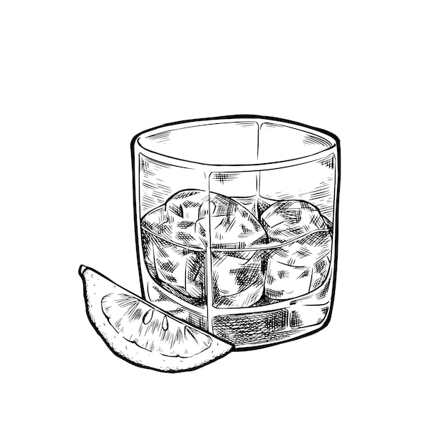 Vector glass of whiskey with ice ink sketch isolated on white background hand drawn vector illustration