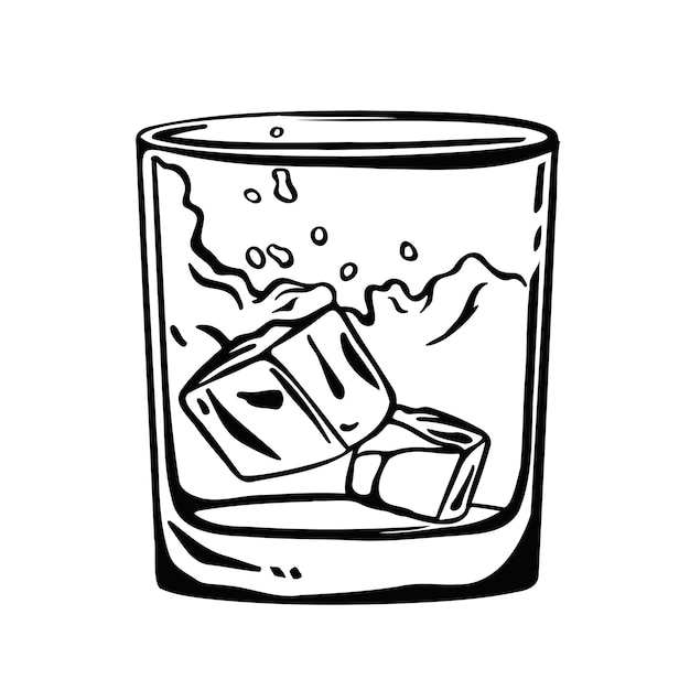 Glass of whiskey with ice and splash freehand drawing vector