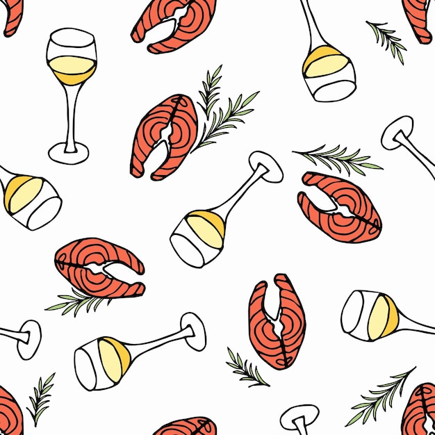 Bicchiere di vino bianco e bistecca di salmone senza cuciture illustrazione dello schizzo di doodle di vettore