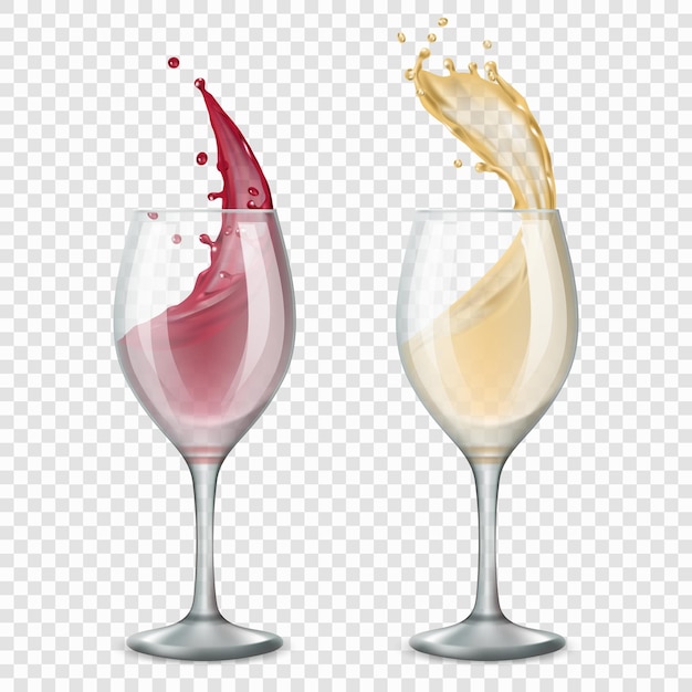 Vector glass wine. alcoholic drinks splashes flowing red and white drops