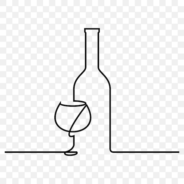 Glass of wine and bottle continuous line drawing