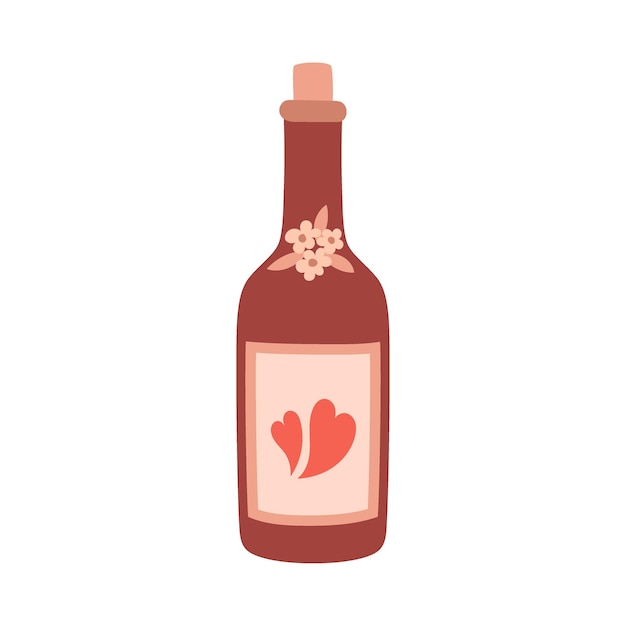 Glass wine bottle with cork, flowers and hearts. Drink, wine, symbol of romance, love.