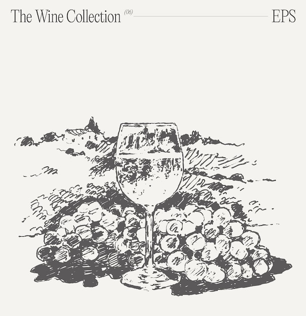 A glass of wine and grape with a village on background hand drawn vector illustration sketch