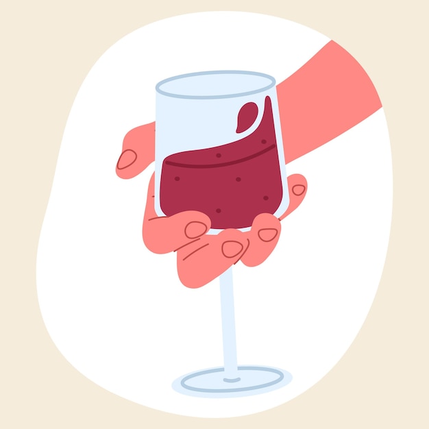 Vector glass of wine in hand wineglass with red wine flat vector illustration on white background