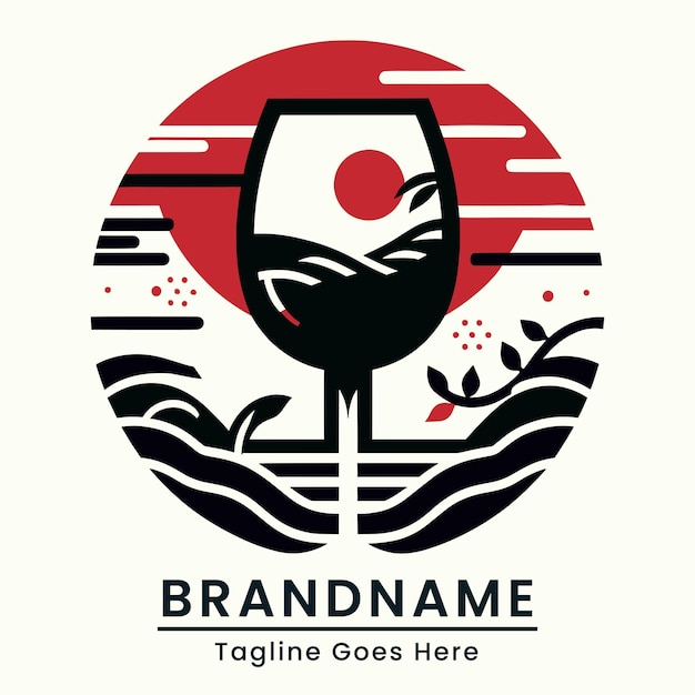 Logo del vino in vetro elegante con motivo tradizionale a cerchio e estetica degli elementi giapponesi