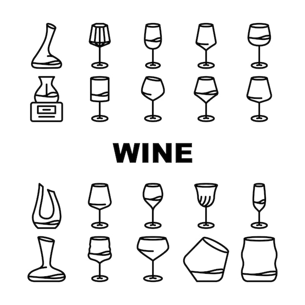 Glass wine red wineglass drink icons set vector alcohol merlot bar cup cabernet bottle transparent liquid party restaurant glass wine red wineglass drink black contour illustrations