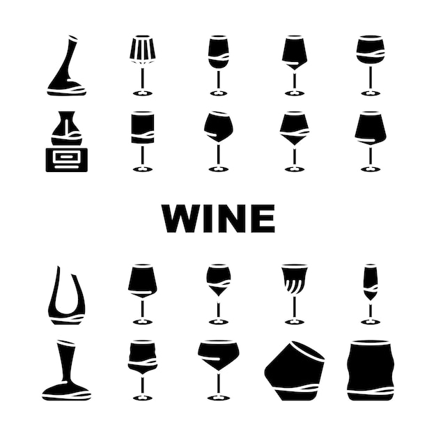 Glass wine red wineglass drink icons set vector alcohol merlot bar cup cabernet bottle transparent liquid party restaurant glass wine red wineglass drink glyph pictogram illustrations