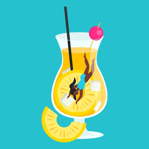 Glass with delicious cold drink The girl swims inside Vector graphic