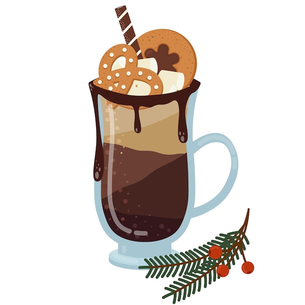 Vector glass with handle with coffee drink and christmas pretzel and chocolate chip cookies cute vector illustration