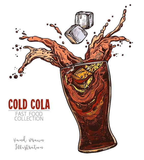 Vector glass with splash of cola and ice cubes, cold soda beverage. hand drawn sketch of classic fast food drink.