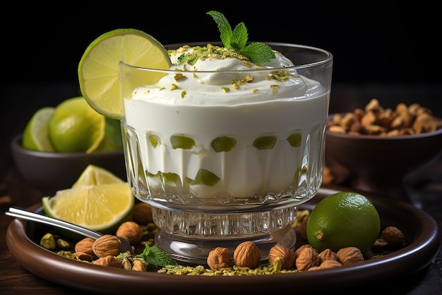 glass of yogurt with granola and kiwi slices breakfast concept