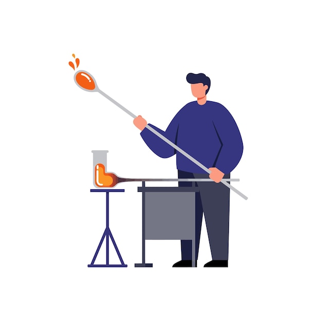glassblower shaping molten glass with tools in flat vector illustration