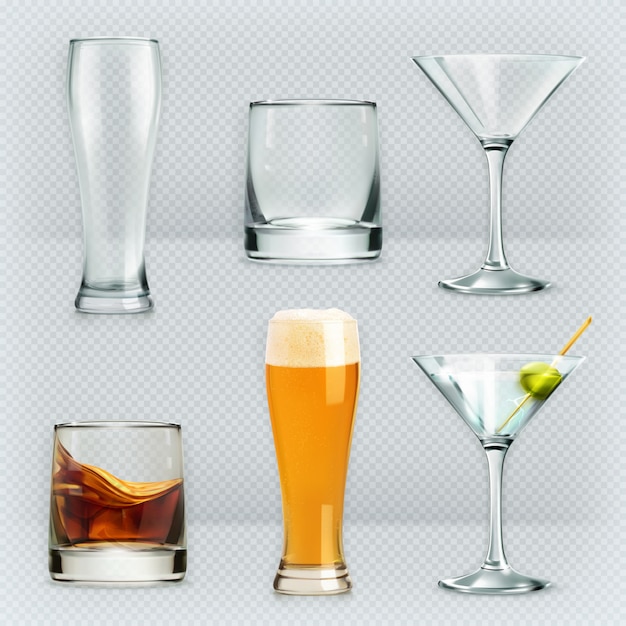 Glasses, alcohol drink vector set