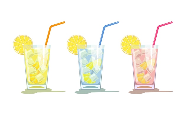 Vector glasses of lemonade, pink lemonade and blue water with lemons