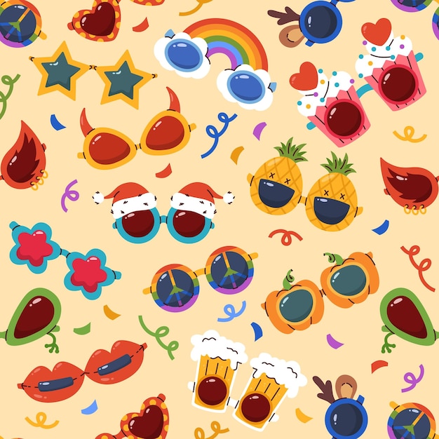 glasses seamless pattern party sunglasses repeated masquerade spectacles different lens shapes frames carnival eyewear holiday accessories and confetti recent vector background