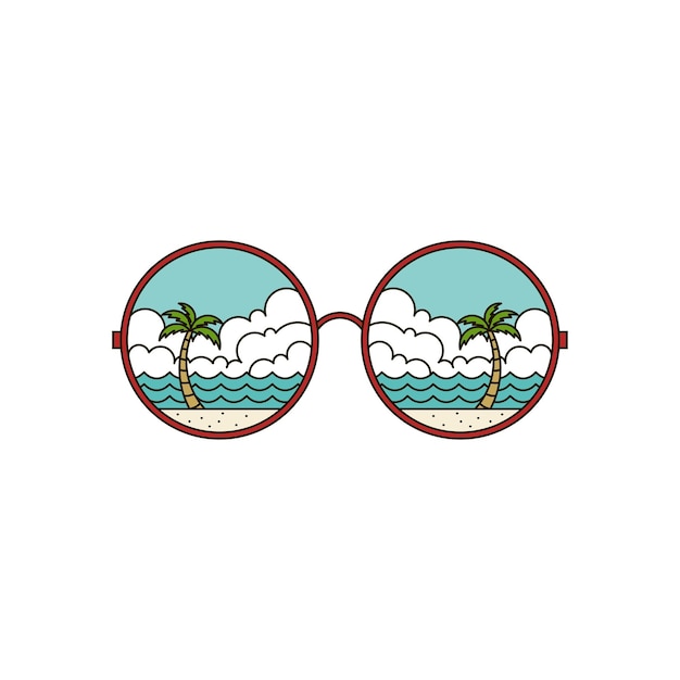 해변 보기 일러스트 로고 디자인이 있는 안경