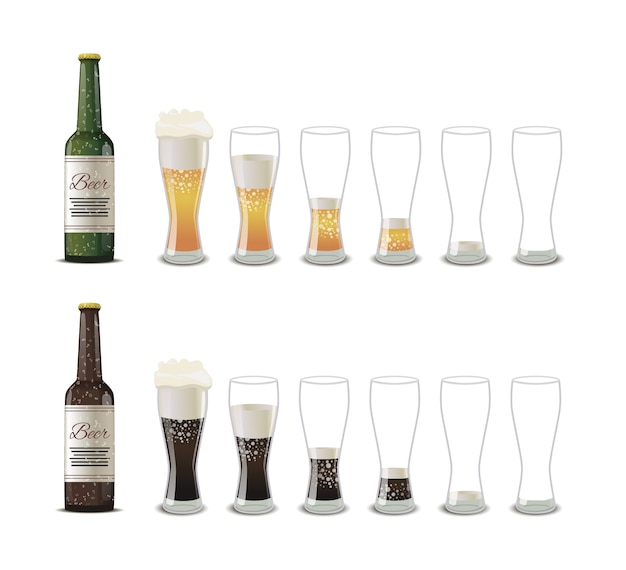 Glasses with light and dark beer of varying degrees of fullness icons isolated on white