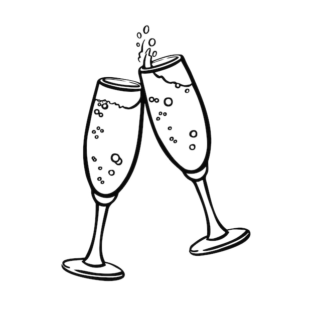 Glasses with sparkling wine champagne line illustration