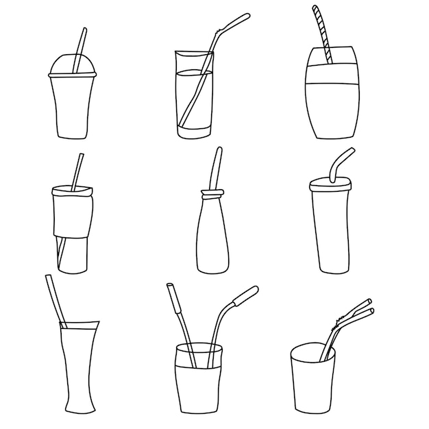 Glasses with a straw outline set containers for drinks of various shapes and sizes