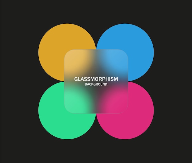 Vector glassmorphism background with blurred colorful circles and transparent glass morphism frame